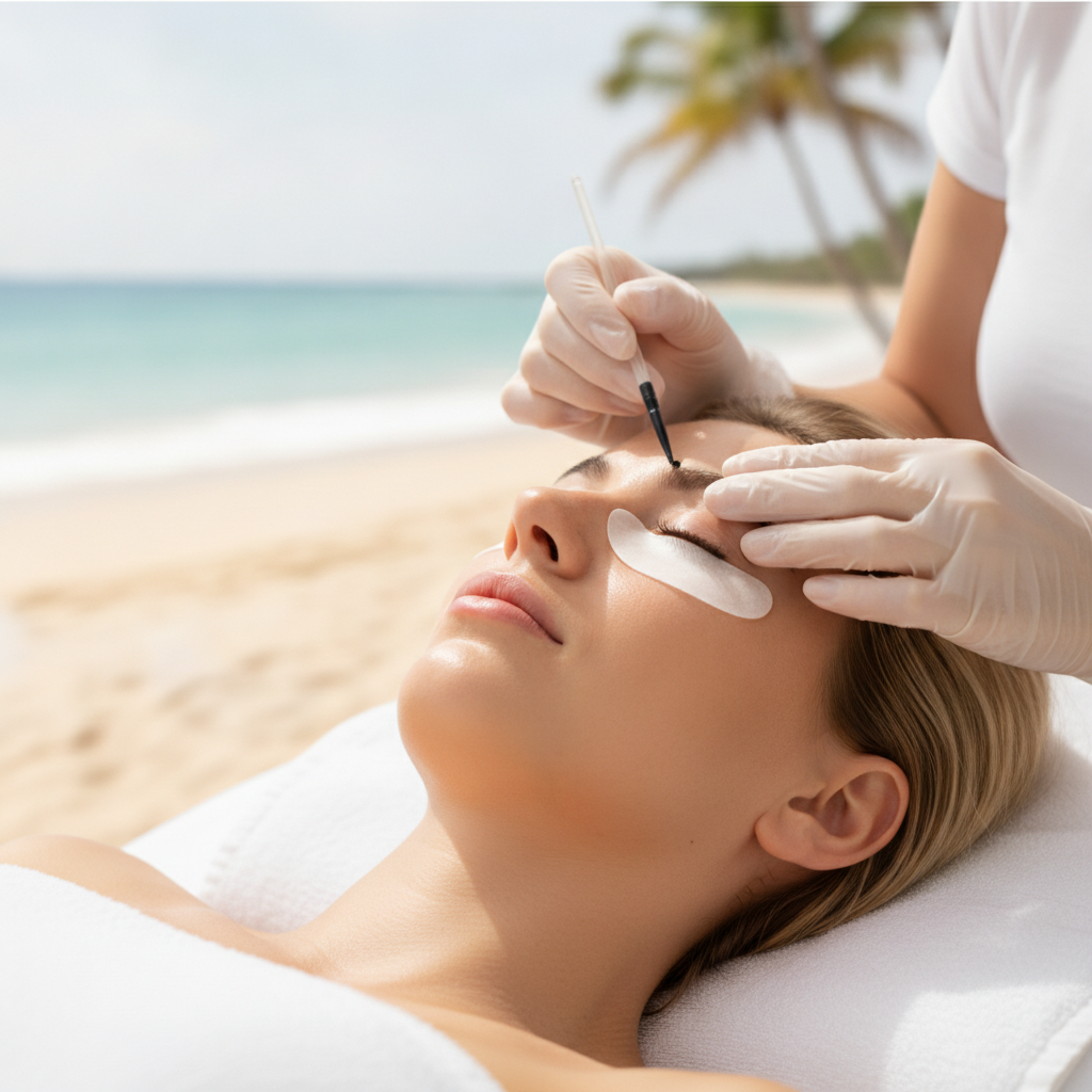 Lash Tinting with blurred beach background